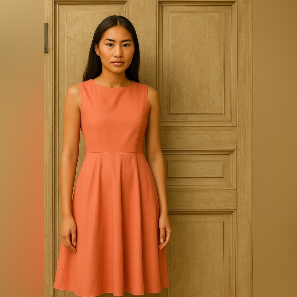 Donna Karen Dress, size 8, midi length, A-line, gorgeous on; tangerine
